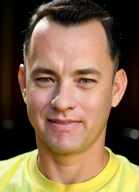 portrait of sksperson man, smile, wearing t-shirt dress , with comb over yellow Pompadour , background night sky epic (photo, studio lighting, hard light, sony a7, 50 mm, matte skin, pores, colors, hyperdetailed, hyperrealistic), <lyco:Tom HanksV2:1.0>