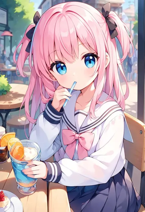 anime girl with pink hair sitting at a table with a drink