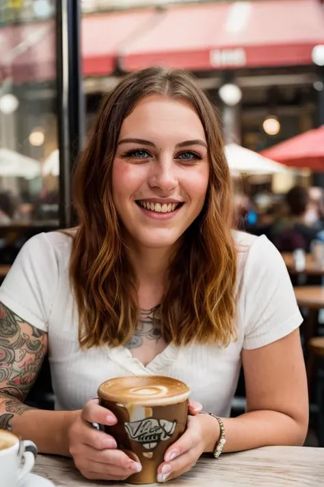 smiling woman holding a cup of coffee in a cafe