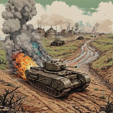 tank driving over a battlefield, crossing trenches and craters, mud, barbed wire, explosions, smoke, fog of war, rubble, chrchltnk, vehicle focus  ((pulp_comic, heavy_lines, hand_drawn, hand_inked, hand_colored, apxlz))