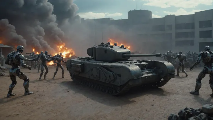 <lora:Churchill_Tank_SDXL_v2:0.7>
cinematic movie scene with a tank chrchltnk fighting a group of terminator 2000 models in the future, science fiction