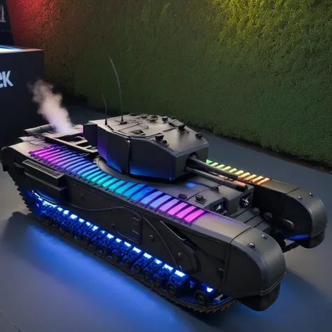 realistic, <lora:Churchill_Tank_SDXL:0.9> chrchltnk tank made from pcgaming, watercooled, ((rainbow leds)), <lora:PcGamingLyfe:1.1>