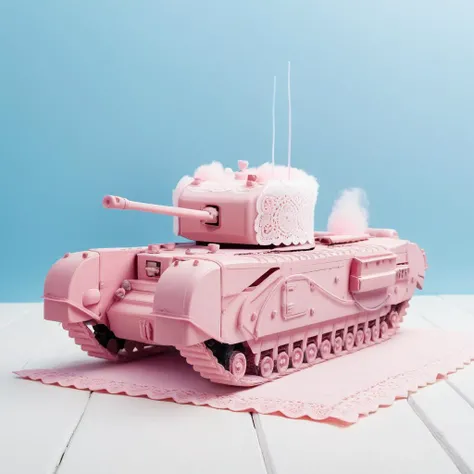 realistic, <lora:Churchill_Tank_SDXL:1> chrchltnk tank made from fluffy cotton candy, whitemacro lens, table, doily, delicious