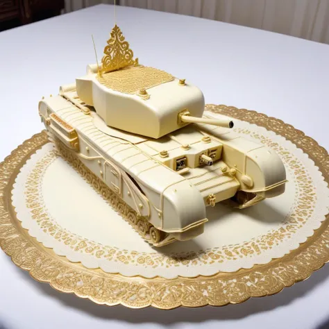 realistic, <lora:Churchill_Tank_SDXL:1> chrchltnk tank made entirely out of white chocolate, (gold foil), ornate,macro lens, table, doily, delicious