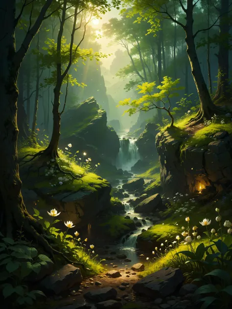 a painting of a stream running through a forest with flowers