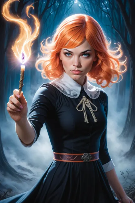 a woman with red hair holding a wand in a forest