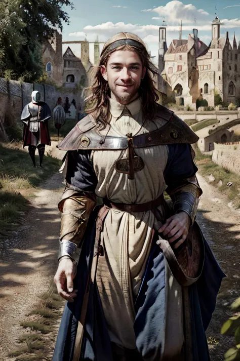 arafed man in medieval clothing walking down a path with a sword