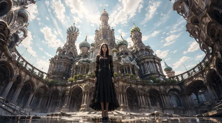 (full body:1.8),(Black lace dress with a scalloped hem:1.3),(from below:1.3),wide shot,A black-haired girl,with Rococo style decoration,gorgeous,An architectural structure made of multicolored geometric shapes,saturated pigment pools,fluid movements,reimag...