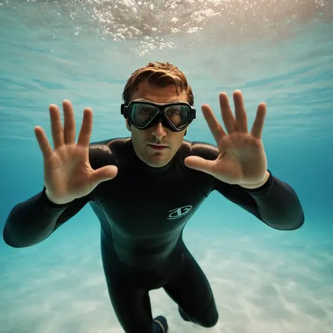 there is a man in a wet suit and goggles swimming under water