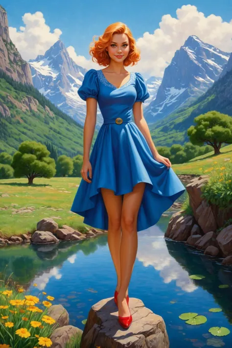 a painting of a woman in a blue dress standing on a rock