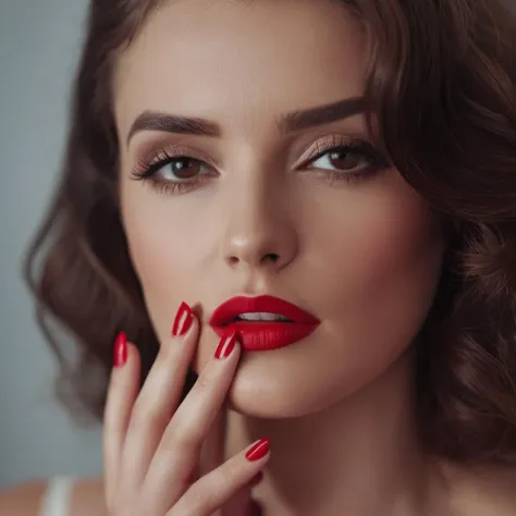 a woman with red lipstick and red nails posing for a picture