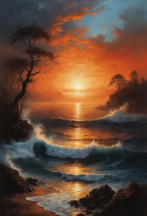 (masterpiece, best quality, hyper detailed, ultra realistic, 32k, RAW photo) In the image, we see a breathtaking sunset at the sea, where the sky is painted in vibrant hues of orange and red, casting a warm, almost fiery glow. As the sun dips below the hor...