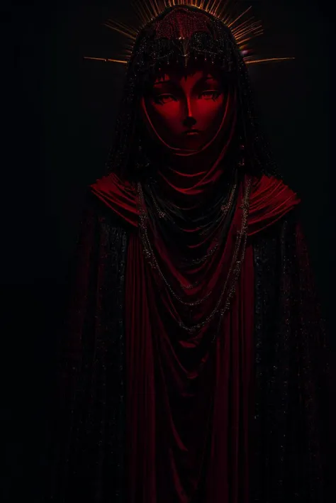 close up, upper body, red theme, dark theme,1girl,earrings,jewelry,chain,spike,armor, helmet,cloak,hood up,robe, candle light, cinematic lighting, (chiaroscuro:1.2) , hires, volumetric lighting, highly detailed background, masterpiece, <lora:add_detail:0.4...