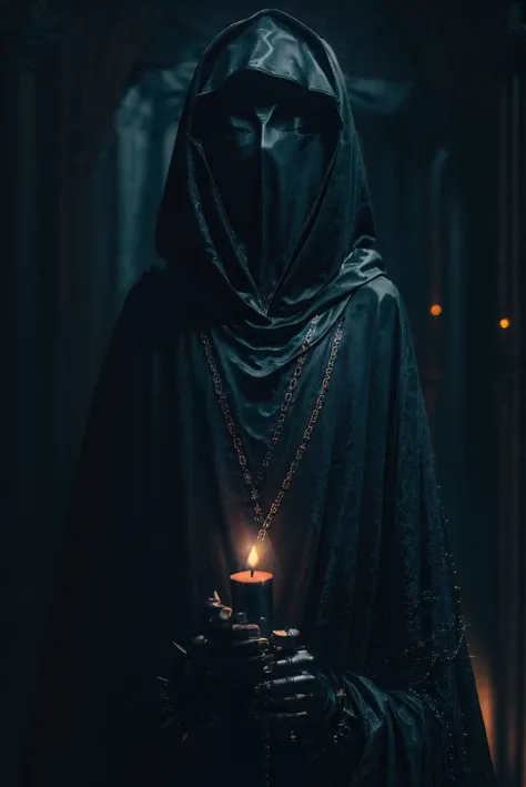 close up, dark theme,solo,1girl,upper body,blurry,no humans,chain,spike,cloak,hood up,robe, candle light, cinematic lighting, (chiaroscuro:1.2) , hires, volumetric lighting, highly detailed background, masterpiece, <lora:add_detail:0.4> <lora:hairdetailer:...