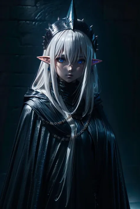 close up, upper body, dark theme,1girl,pointy ears,long hair,blue eyes,white hair,navel,hair between eyes,earrings,jewelry,chain,spike,elf,armor,helmet,cloak,hood up,robe, cinematic lighting, chiaroscuro, hires, volumetric lighting, highly detailed backgro...