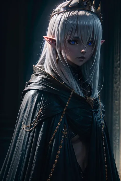 close up, upper body, dark theme,1girl,pointy ears,long hair,blue eyes,white hair,navel,hair between eyes,earrings,jewelry,chain,spike,elf,armor,helmet,cloak,hood up,robe, cinematic lighting, chiaroscuro, hires, volumetric lighting, highly detailed backgro...