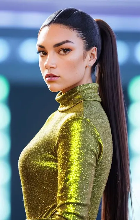 Picture, high quality, portrait, beautiful fashion icon (EP_MichelleJenneke:0.99), hair in a ponytail, high  class fashion show, glitter, glamour, SFW, wearing modest turtleneck dress,  popstar, idol, (colorful), optical glare, raytracing, sharp focus, bok...