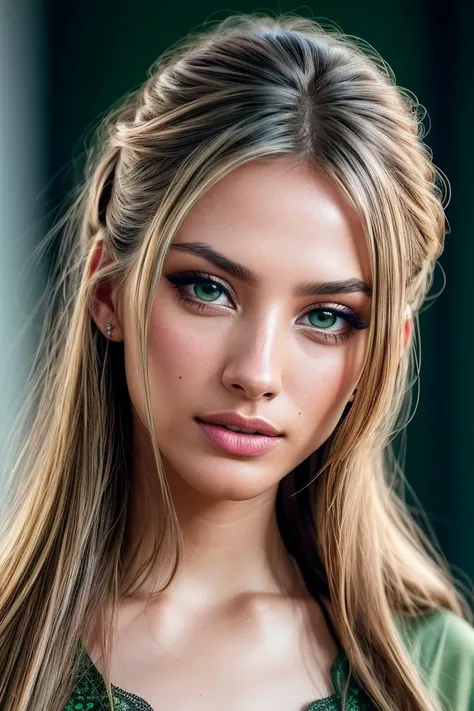 a woman with long hair and green eyes posing for a picture