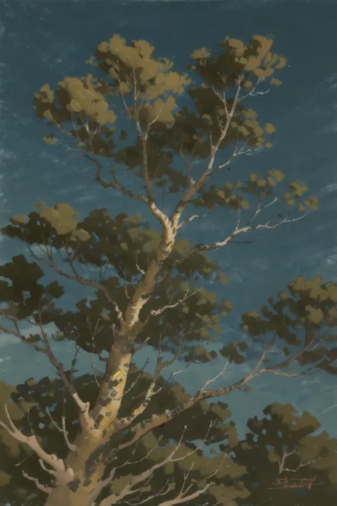 <lora:Cute_paint-000003:.8>
a painting of a tree with a sky background and a blue sky in the background with a few clouds, digital painting, a digital painting, tonalism