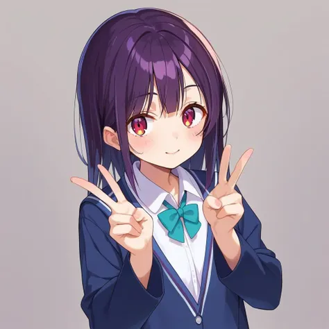 anime girl with purple hair and blue bow tie making a peace sign