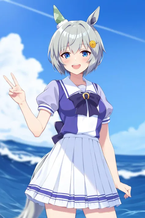 a woman in a sailor outfit standing on a beach next to the ocean