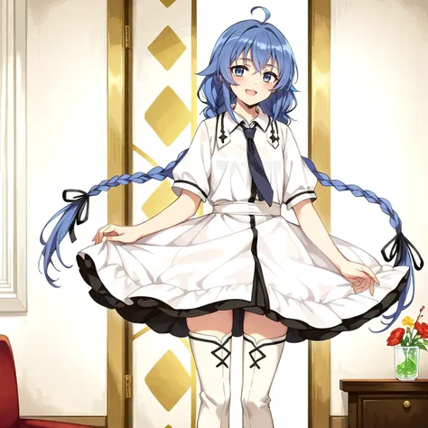 anime character dressed in white and blue dress standing in a room