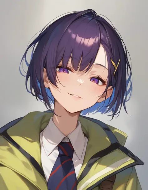 anime girl with purple hair and blue eyes wearing a green jacket