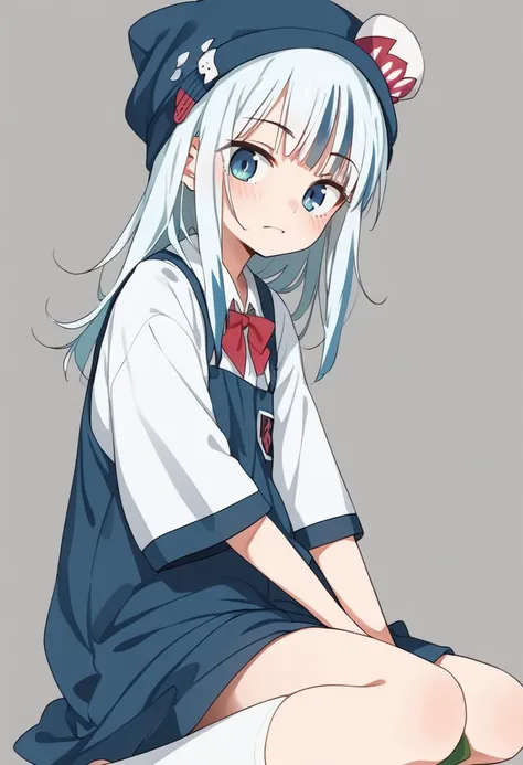 anime girl with white hair and blue eyes sitting on the ground