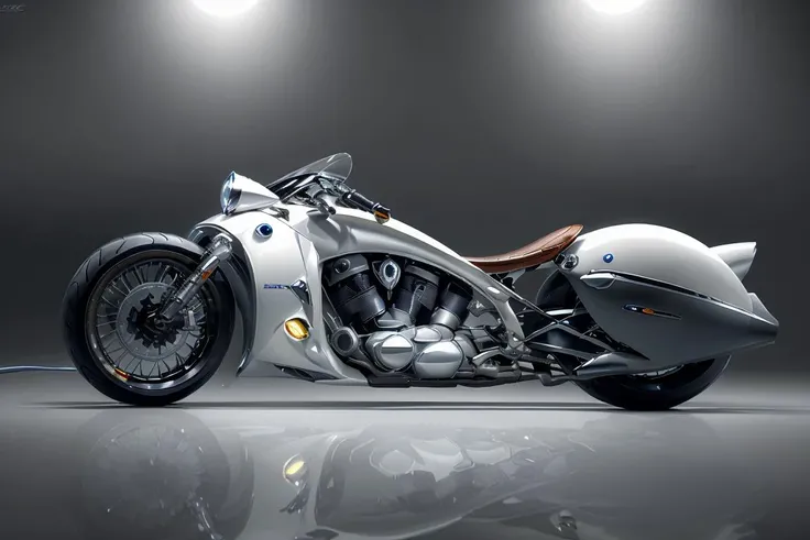 4k, high quality, ray tracing, <lora:streamlinerai:.9> streamlinerai Motorcycle, ww1, stylized, shiny white, full of reflections, blue glowing lights, futurism, clean edges, Tinted windows,