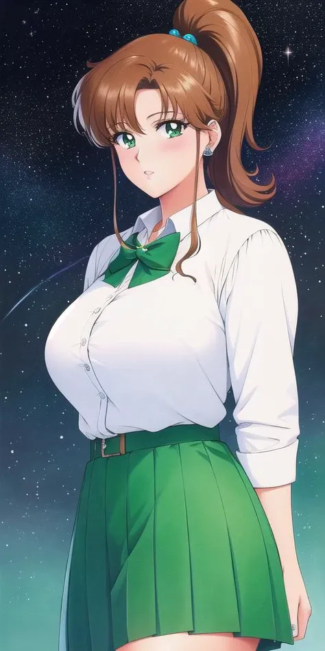 a woman in a green skirt and white shirt is standing in front of a starr sky