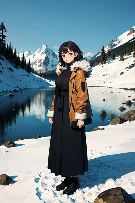 (wariza), BREAK     milf female,     hair,         skinny body,     lovely large breasts,   (fur trimmed jacket, long skirt), BREAK  snowy mountaintop, winter clothes, standing on a rock,   (best quality:1.1),