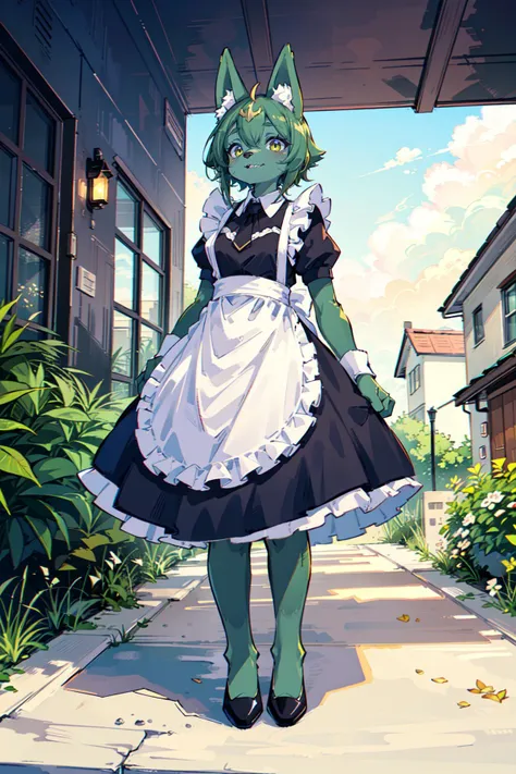 anime character dressed in maid outfit walking down a sidewalk