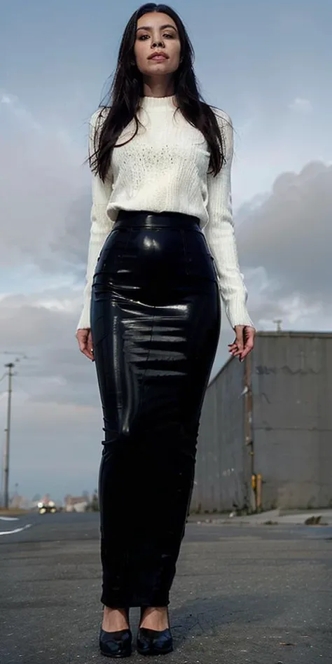 a woman in a long black latex pencil skirt, longest_lpskirt, white sweater <lora:v1:0.7>