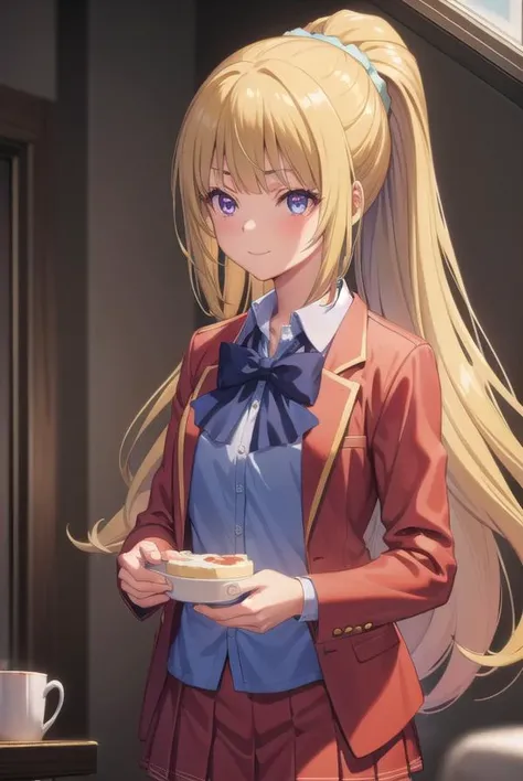 keikaruizawa, <lora:kei karuizawa s2s3-pruned-lora-nochekaiser:1>, 
kei karuizawa, long hair, bangs, blunt bangs, (purple eyes:1.1), blonde hair, shirt, hair ornament, ponytail, scrunchie, blue scrunchie, smile,
BREAK skirt, shirt, bow, school uniform, jac...