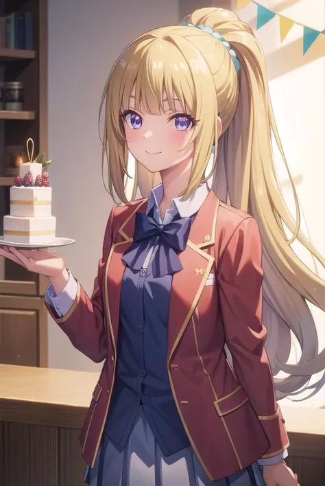 keikaruizawa, <lora:kei karuizawa s2s3-pruned-lora-nochekaiser:1>, 
kei karuizawa, long hair, bangs, blunt bangs, (purple eyes:1.1), blonde hair, shirt, hair ornament, ponytail, scrunchie, blue scrunchie, smile,
BREAK skirt, shirt, bow, school uniform, jac...