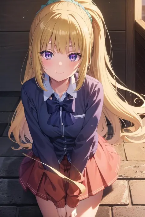 keikaruizawa, <lora:kei karuizawa s2s3-pruned-lora-nochekaiser:1>, 
kei karuizawa, long hair, bangs, blunt bangs, (purple eyes:1.1), blonde hair, shirt, hair ornament, ponytail, scrunchie, blue scrunchie, smile,
BREAK skirt, shirt, bow, school uniform, jac...