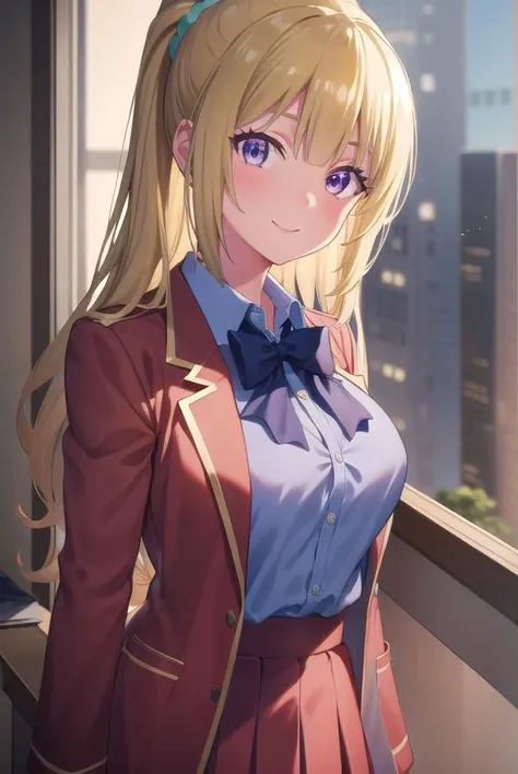 keikaruizawa, <lora:kei karuizawa s2s3-pruned-lora-nochekaiser:1>, 
kei karuizawa, long hair, bangs, blunt bangs, (purple eyes:1.1), blonde hair, shirt, hair ornament, ponytail, scrunchie, blue scrunchie, smile,
BREAK skirt, shirt, bow, school uniform, jac...