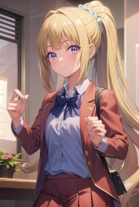 keikaruizawa, <lora:kei karuizawa s2s3-pruned-lora-nochekaiser:1>, 
kei karuizawa, long hair, bangs, blunt bangs, (purple eyes:1.1), blonde hair, shirt, hair ornament, ponytail, scrunchie, blue scrunchie, smile,
BREAK skirt, shirt, bow, school uniform, jac...