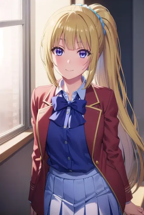 keikaruizawa, <lora:kei karuizawa s2s3-lora-nochekaiser:1>, 
kei karuizawa, long hair, bangs, blunt bangs, (purple eyes:1.1), blonde hair, shirt, hair ornament, ponytail, scrunchie, blue scrunchie, smile,
BREAK skirt, shirt, bow, school uniform, jacket, (r...