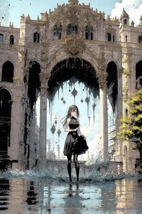 anime girl in black dress standing in front of a building