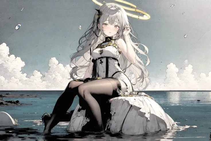 anime girl sitting on a rock in the water with a halo above her head