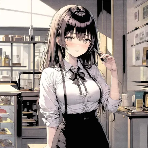 anime girl in a kitchen with a glass case full of food