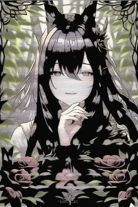 a close up of a person with long hair and a cat ears