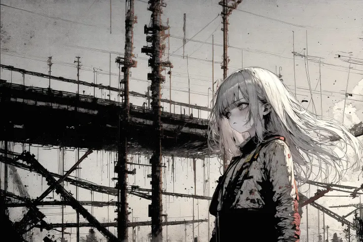 anime girl with long white hair walking in a dirty area