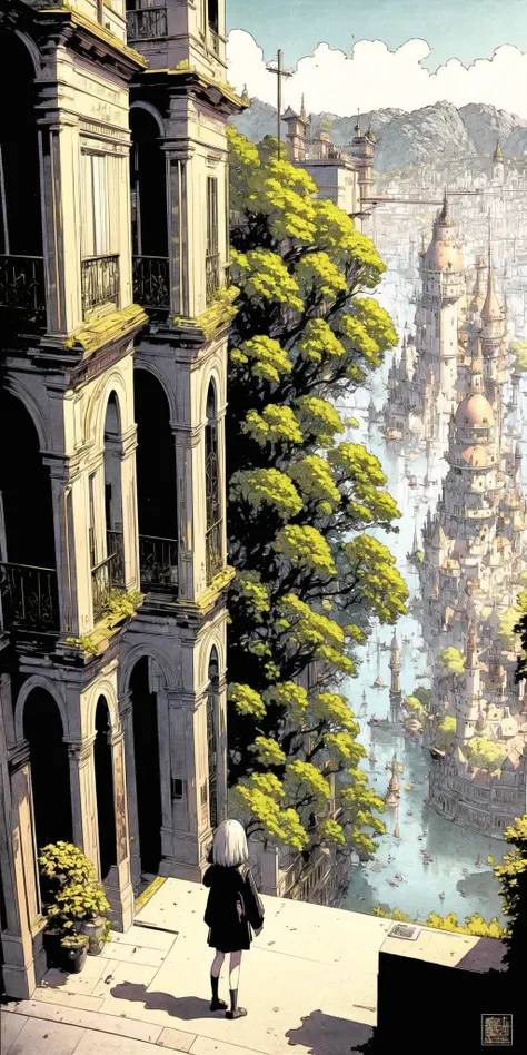 anime art of a woman walking down a street with a view of a city