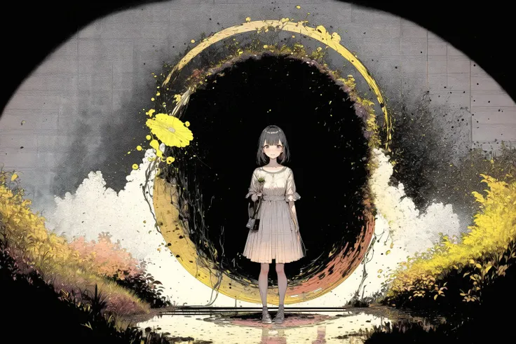 anime girl standing in a tunnel with a yellow umbrella