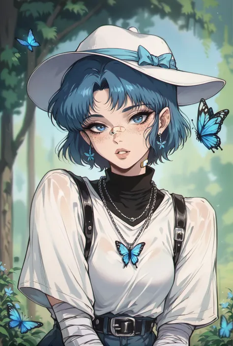 score_9,score_8_up,score_7_up,score_6_up,score_5_up,score_4_up rating_explicit,nsfw, 1girl,solo,looking at viewer,short hair,bangs,blue eyes,hat,blue hair,parted lips,necklace,blurry,lips,depth of field,blurry background,bandages,bug,butterfly,portrait,fre...