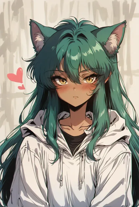 score_9,score_8_up,score_7_up,score_6_up,score_5_up,score_4_up rating_safe, 1girl,solo,long hair,looking at viewer,blush,bangs,long sleeves,animal ears,hair between eyes,collarbone,yellow eyes,upper body,heart,green hair,cat ears,hood,animal ear fluff,hood...