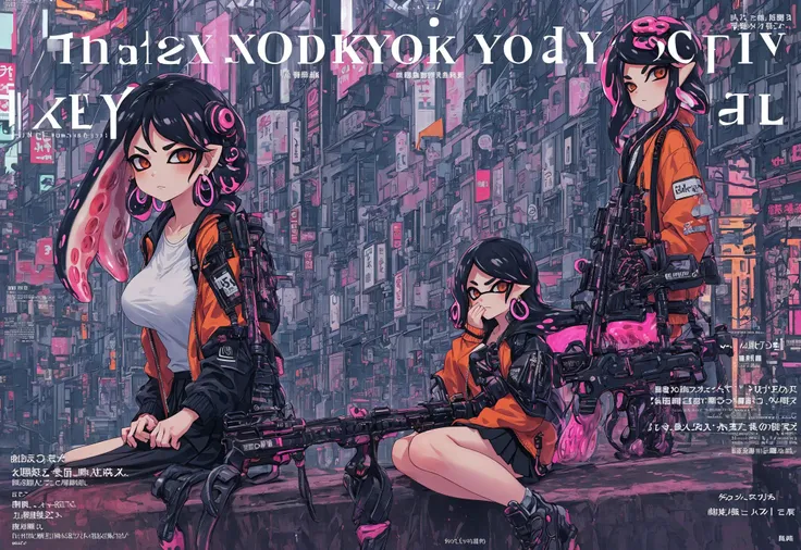 1girl, (((splatoon3 character))), (((masterpiece))), (((best quality))), (((detailed))),
(((fashion magazine cover tokyo, half big text on the cover)))
((cyberpunk background, tokyo city, sitting, street, looking at viewer, contempt face, black skirt, oran...