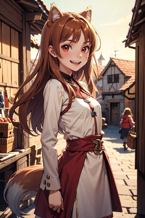 highres, masterpiece, perfect lighting, bloom, cinematic lighting, young adult, female, 1girl, long hair, brown hair, animal ears, red eyes, wolf tail, <lora:character - holo_v1:0.7>, merchant dress, medieval clothes, medieval market, medieval town, cowboy...